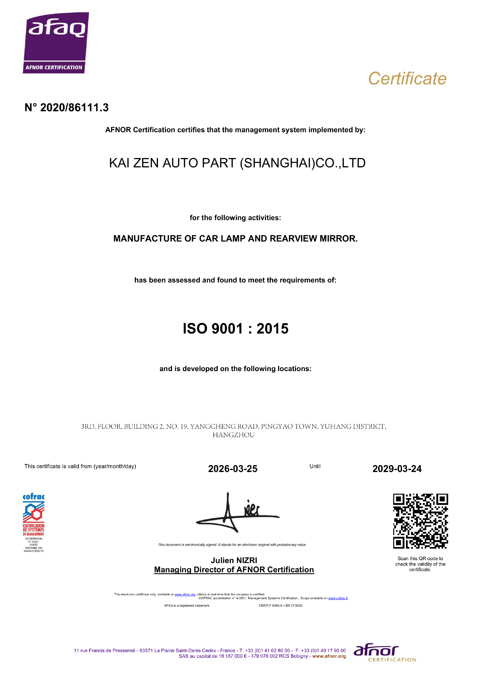 KAI ZEN Auto Part (Shanghai) Co., Ltd ISO 9001:2015 certificate